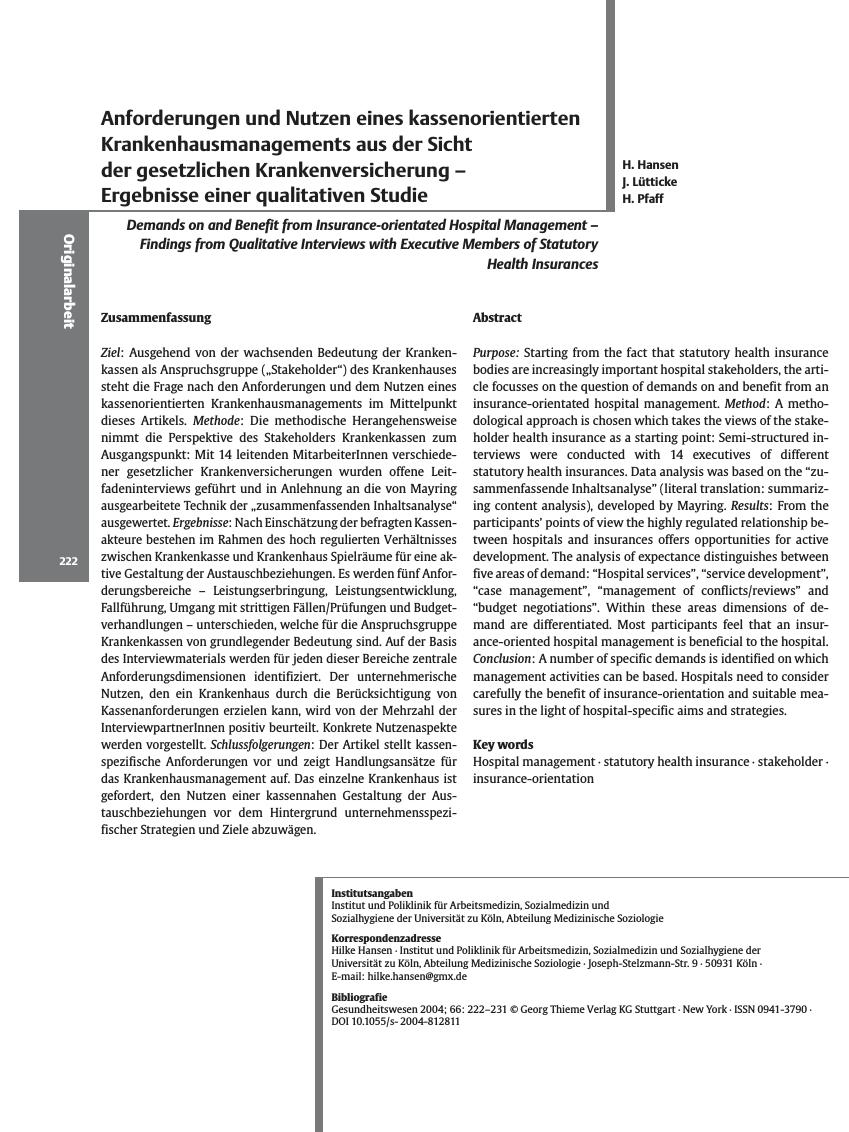 Vorschauseite 1: Anforderungen und Nutzen eines kassenorientierten Krankenhausmanagements aus der Sicht der gesetzlichen Krankenversicherung - Ergebnisse einer qualitativen Studie