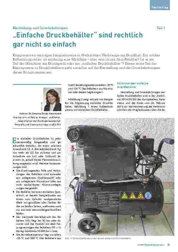Vorschauseite 1: Herstellung und Inverkehrbringen Teil 1 „Einfache Druckbehälter“ sind rechtlich gar nicht so einfach.