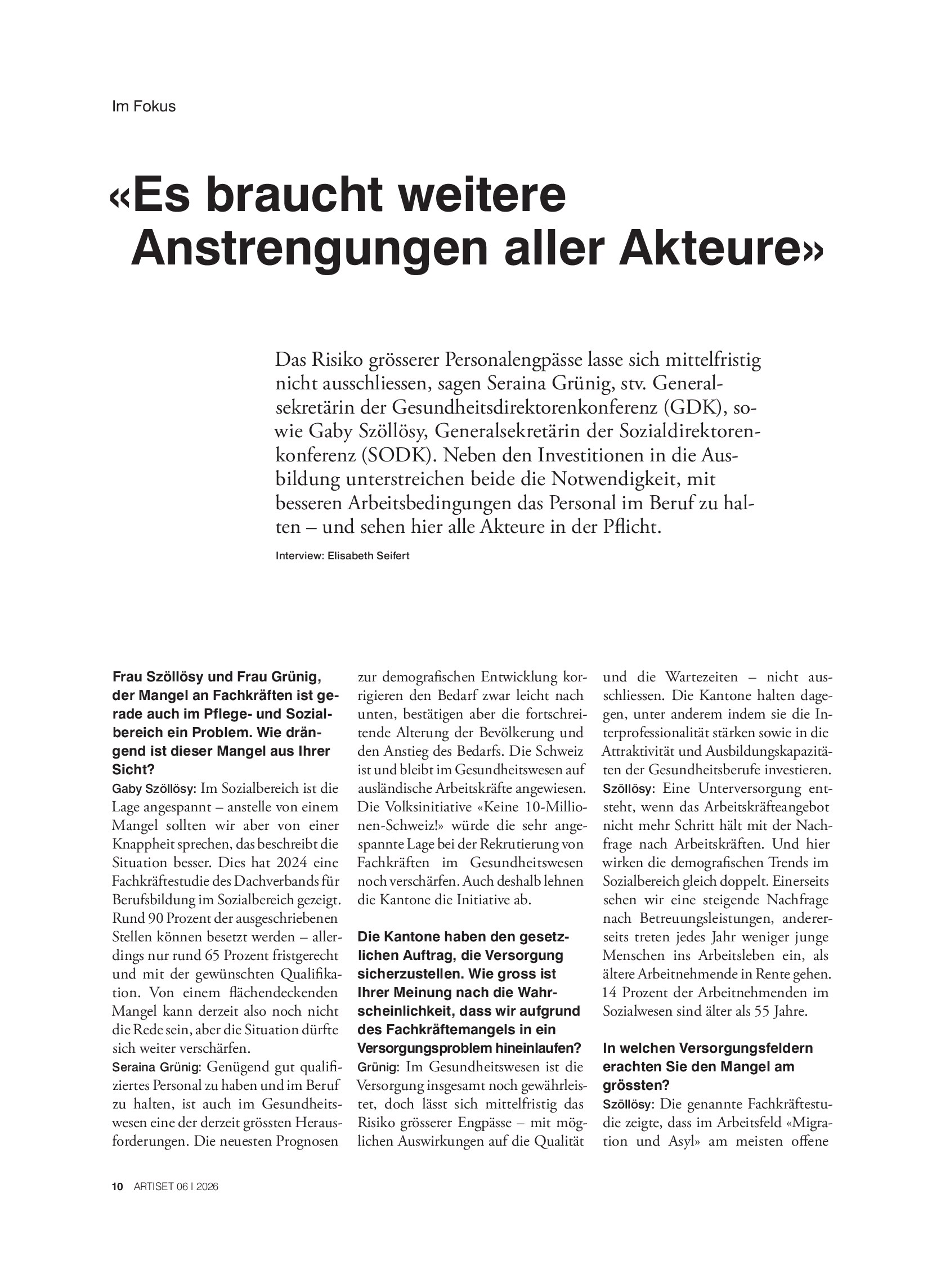 Vorschauseite 1: «Es braucht weitere Anstrengungen aller Akteure»