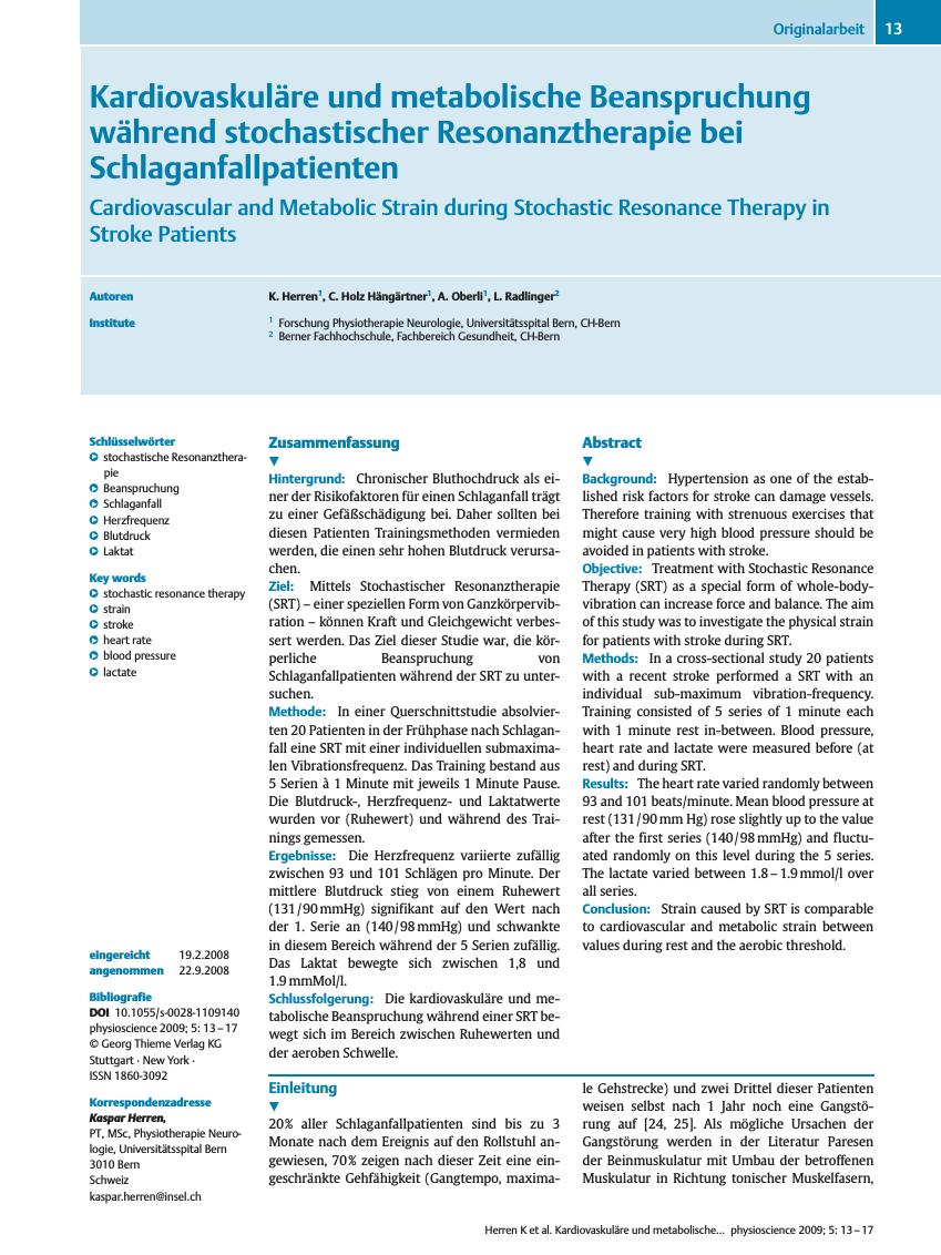 Vorschauseite 1: Kardiovaskuläre und metabolische Beanspruchung während stochastischer Resonanztherapie bei Schlaganfallpatienten