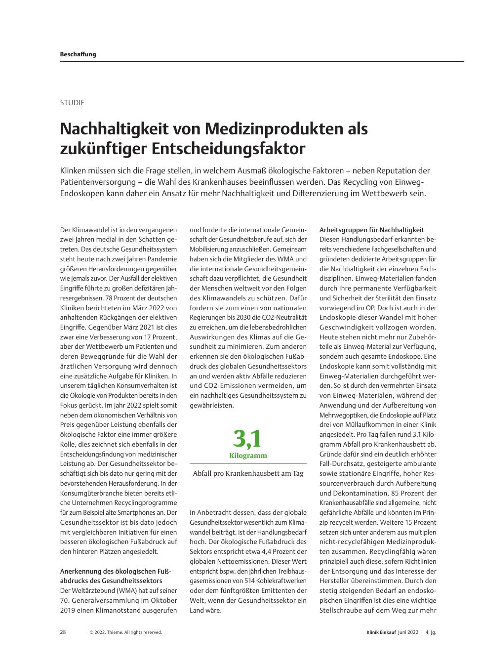 Vorschauseite 1: Studie: Nachhaltigkeit von Medizinprodukten als zukünftiger Entscheidungsfaktor