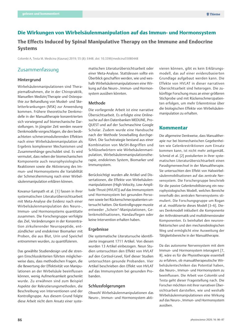 Vorschauseite 1: Die Wirkungen von Wirbelsäulenmanipulation auf das Immunund Hormonsystem
