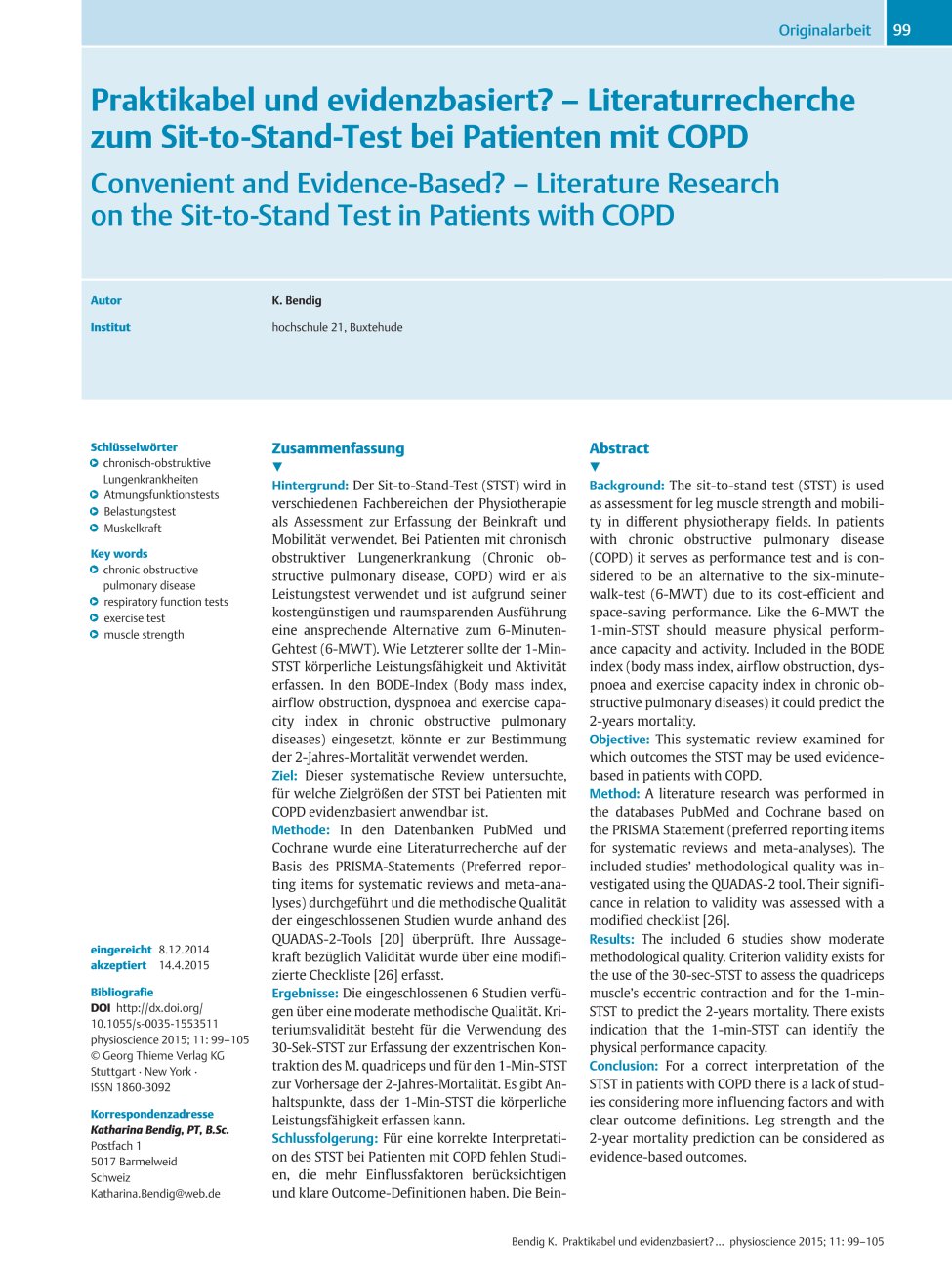 Vorschauseite 1: Praktikabel und evidenzbasiert? – Literaturrecherche zum Sit-to-Stand-Test bei Patienten mit COPD