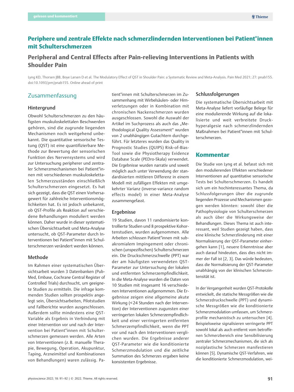 Vorschauseite 1: Periphere und zentrale Effekte nach schmerzlindernden Interventionen bei Patient*innen mit Schulterschmerzen