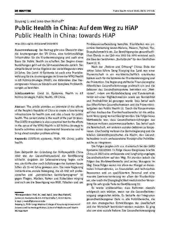 Vorschauseite 1: Public Health in China: Auf dem Weg zu HiAP