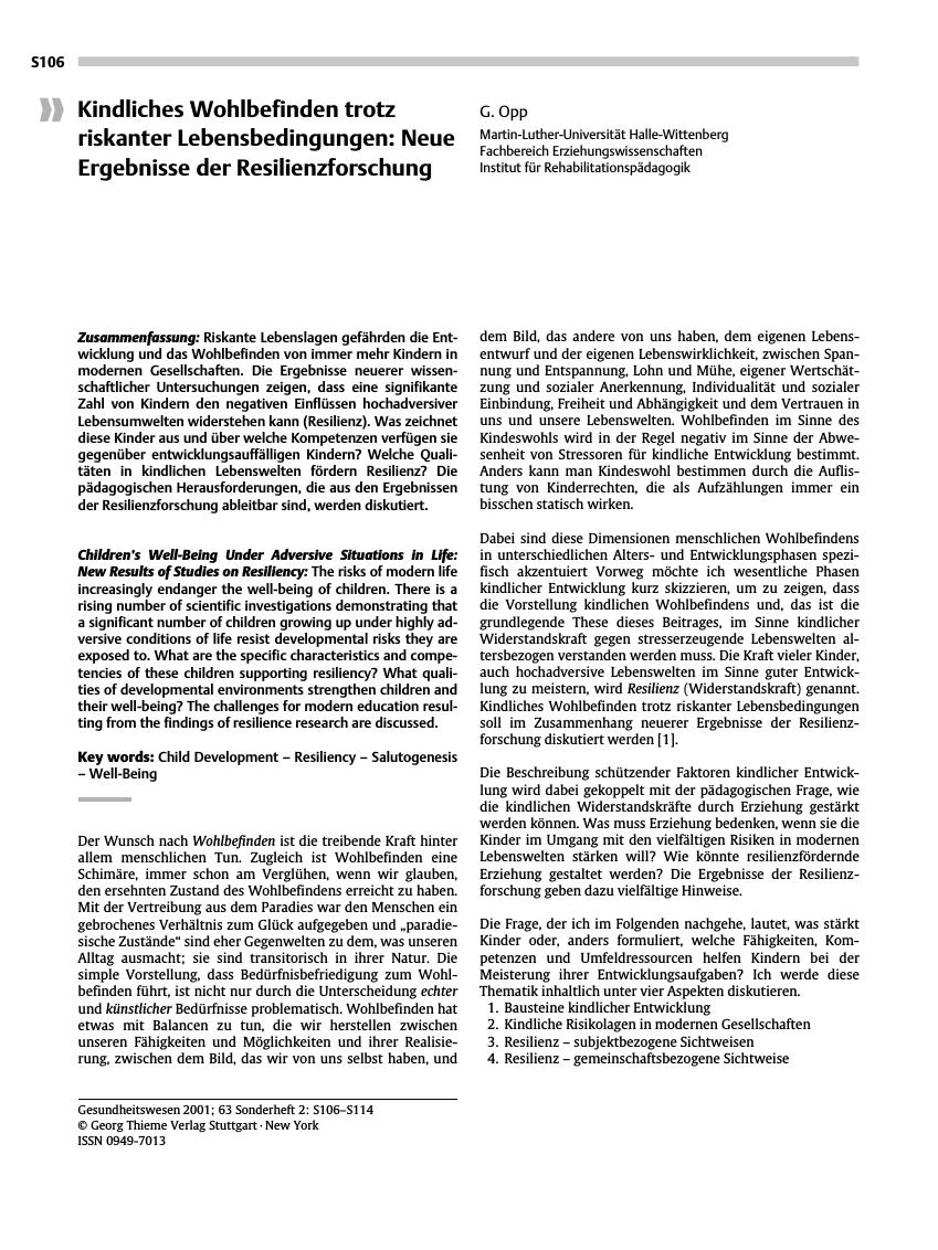Vorschauseite 1: Kindliches Wohlbefinden trotz riskanter Lebensbedingungen: Neue Ergebnisse der Resilienzforschung