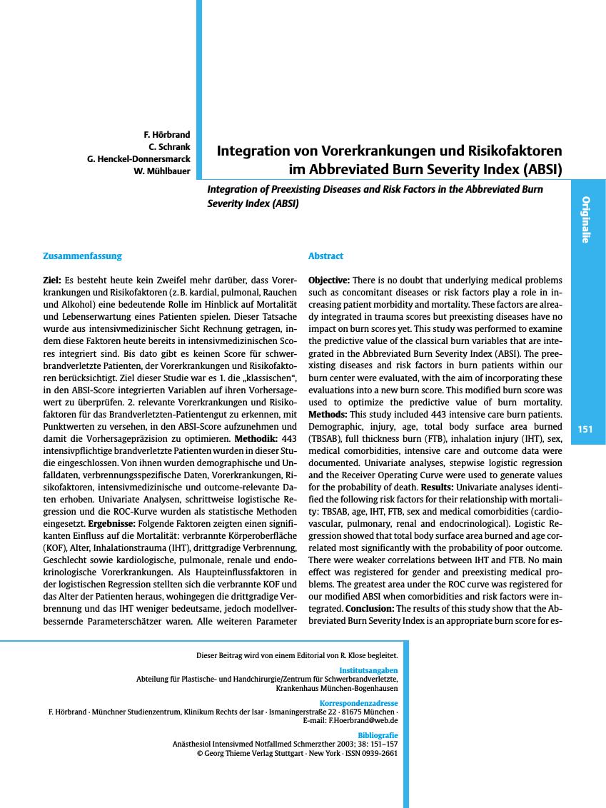 Vorschauseite 1: Integration von Vorerkrankungen und Risikofaktoren im Abbreviated Burn Severity Index (ABSI)