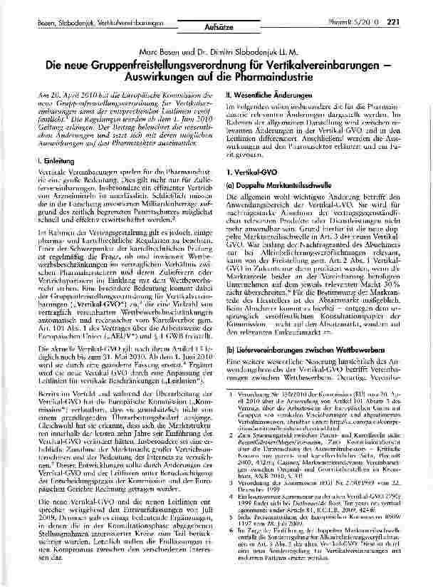 Vorschauseite 1: Die neue Gruppenfreistellungsverordnung für Vertikalvereinbarungen — Auswirkungen auf die Pharmaindustrie