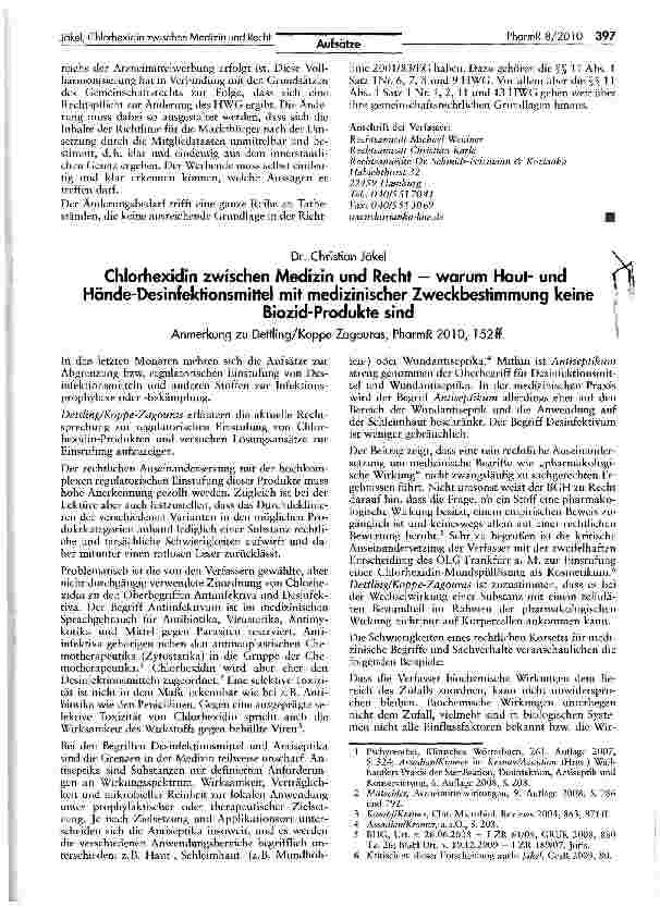 Vorschauseite 1: Chlorhexidin zwischen Medizin und Recht — warum Hautund Hände-Desinfektionsmittel mit medizinischer Zweckbestimmung keineBiozid-Produkte sind