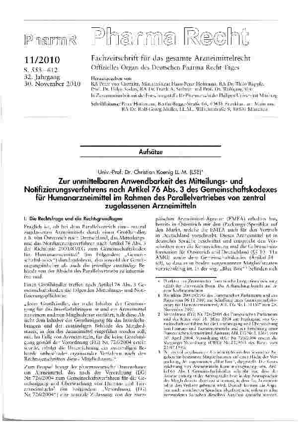 Vorschauseite 1: Zur unmittelbaren Anwendbarkeit des Mitteilungsund Notifizierungsverfahrens nach Artikel 76 Abs. 3 des Gemeinschaftskodexes für Humanarzneimittel im Rahmen des Parallelvertriebes…