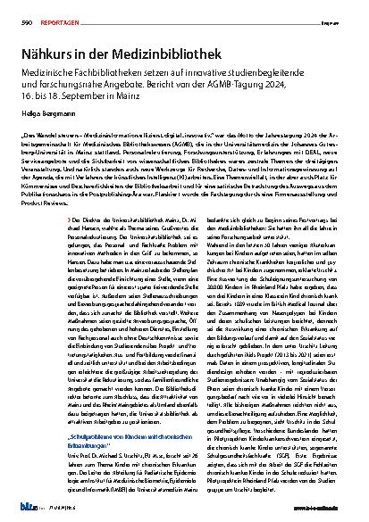 Vorschauseite 1: Nähkurs in der Medizinbibliothek Medizinische Fachbibliotheken setzen auf innovative studienbegleitende und forschungsnahe Angebote. Bericht von der AGMB-Tagung 2024, 16. bis 18.…