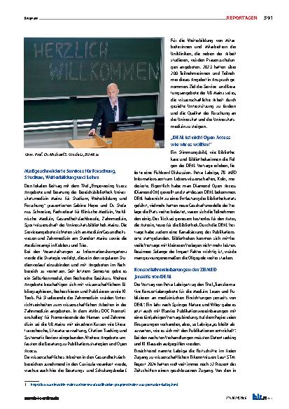 Vorschauseite 2: Nähkurs in der Medizinbibliothek Medizinische Fachbibliotheken setzen auf innovative studienbegleitende und forschungsnahe Angebote. Bericht von der AGMB-Tagung 2024, 16. bis 18.…