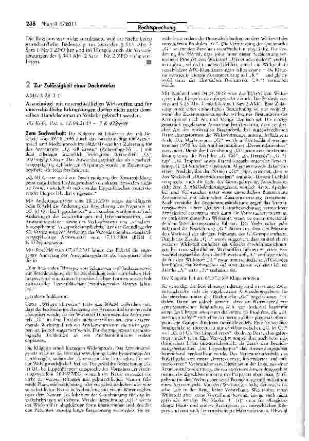 Vorschauseite 1: Zur Zulässigkeit einer Dachmarke AMG S 29 II 1