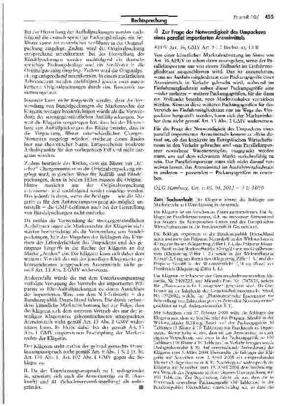 Vorschauseite 1: Zur Frage der Notwendigkeit des Umpackens eines parallel importierten ArzneimittelsAEUV Art. 36; GMV Art. 9 I 2 Buchst, a), 13 II