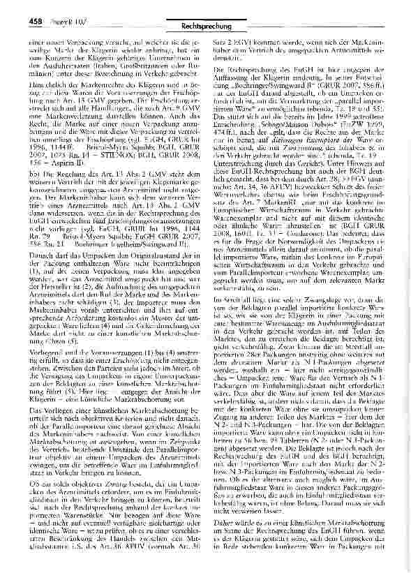Vorschauseite 4: Zur Frage der Notwendigkeit des Umpackens eines parallel importierten ArzneimittelsAEUV Art. 36; GMV Art. 9 I 2 Buchst, a), 13 II