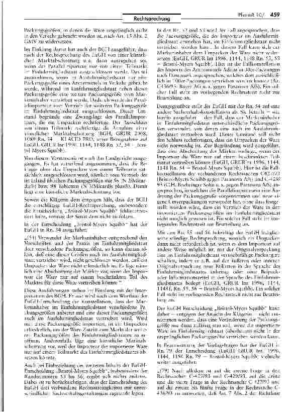 Vorschauseite 5: Zur Frage der Notwendigkeit des Umpackens eines parallel importierten ArzneimittelsAEUV Art. 36; GMV Art. 9 I 2 Buchst, a), 13 II