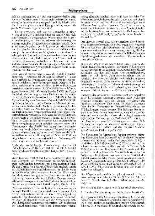 Vorschauseite 6: Zur Frage der Notwendigkeit des Umpackens eines parallel importierten ArzneimittelsAEUV Art. 36; GMV Art. 9 I 2 Buchst, a), 13 II
