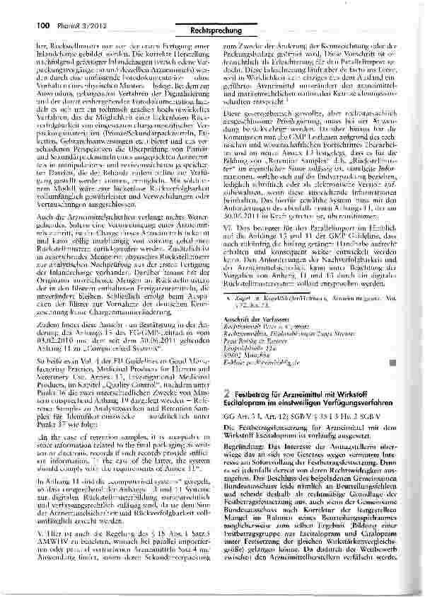 Vorschauseite 1: Festbetrag für Arzneimittel mit Wirkstoff Escitatopram im einstweiligen Verfügungsverfahren GG Art. 3 1, Art. 12; SGB V § 35 I 3 Hs. 2 SGB V