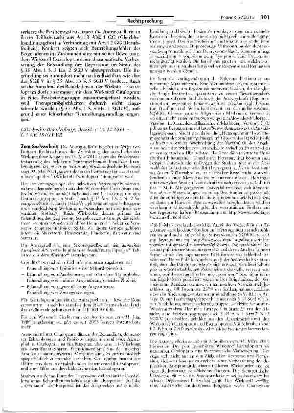 Vorschauseite 2: Festbetrag für Arzneimittel mit Wirkstoff Escitatopram im einstweiligen Verfügungsverfahren GG Art. 3 1, Art. 12; SGB V § 35 I 3 Hs. 2 SGB V