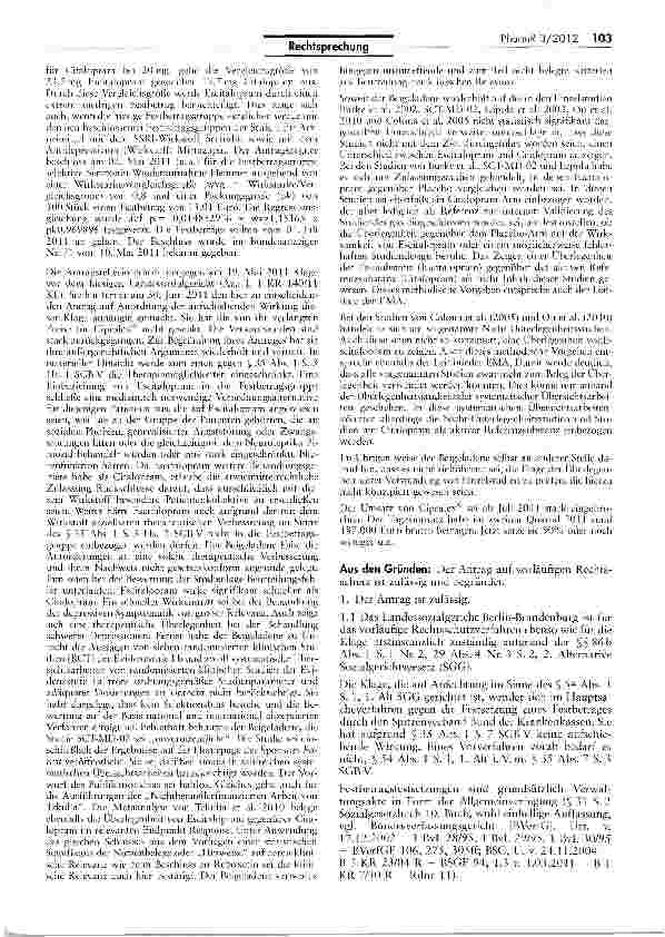 Vorschauseite 4: Festbetrag für Arzneimittel mit Wirkstoff Escitatopram im einstweiligen Verfügungsverfahren GG Art. 3 1, Art. 12; SGB V § 35 I 3 Hs. 2 SGB V