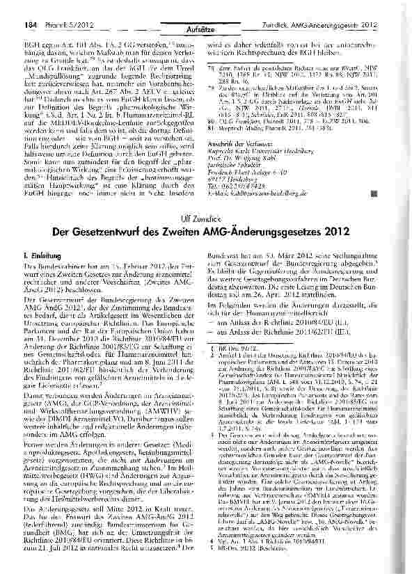 Vorschauseite 1: Der Gesetzentwurf des Zweiten AMG-Anderungsgesetzes 2012
