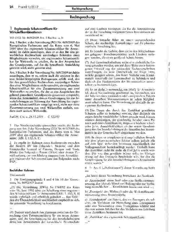 Vorschauseite 1: Ergänzende Schutzzertifikate für Wirkstoffkombinationen VO (EG) Nr. 469/2009 Art. 3 Buchst, a, b