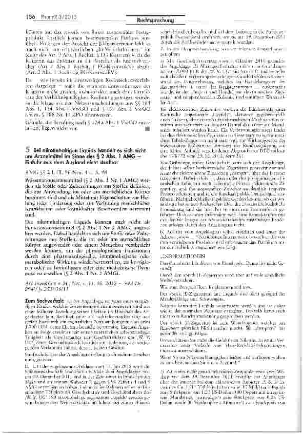 Vorschauseite 1: Bei nikotinhaltigen Liquids handelt es sich nicht um Arzneimittel im Sinne des § 2 Abs. 1 AMG — Einfuhr aus dem Ausland nicht strafbar AMG §§21, III, 96 Nrn. 4 u. 5, 98