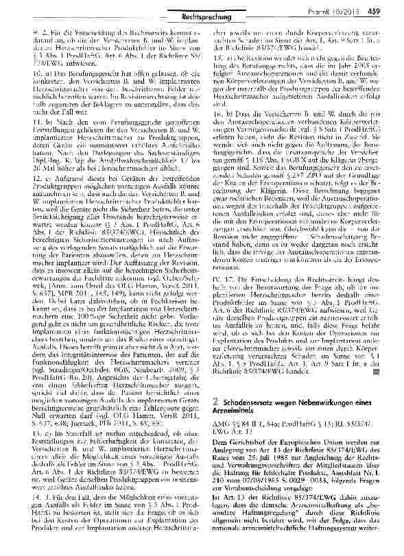 Vorschauseite 1: Schadensersatz wegen Nebenwirkungen eines Arzneimittels AMG M 84 II 1, 84a; ProdHaftG § 15; RL 85/374/ EWG Art. 13