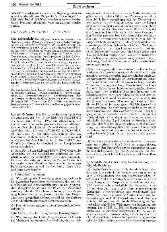 Vorschauseite 2: Schadensersatz wegen Nebenwirkungen eines Arzneimittels AMG M 84 II 1, 84a; ProdHaftG § 15; RL 85/374/ EWG Art. 13