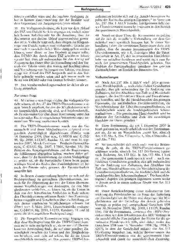 Vorschauseite 5: Zur Anwendbarkeit des Übereinkommens über die handelsbezogenen Aspekte der Rechte des geistigen Eigentums (TRIPS) — Patentschutz für Arzneimittel AEUV Art. 207; TRIPS Art. 27, 70