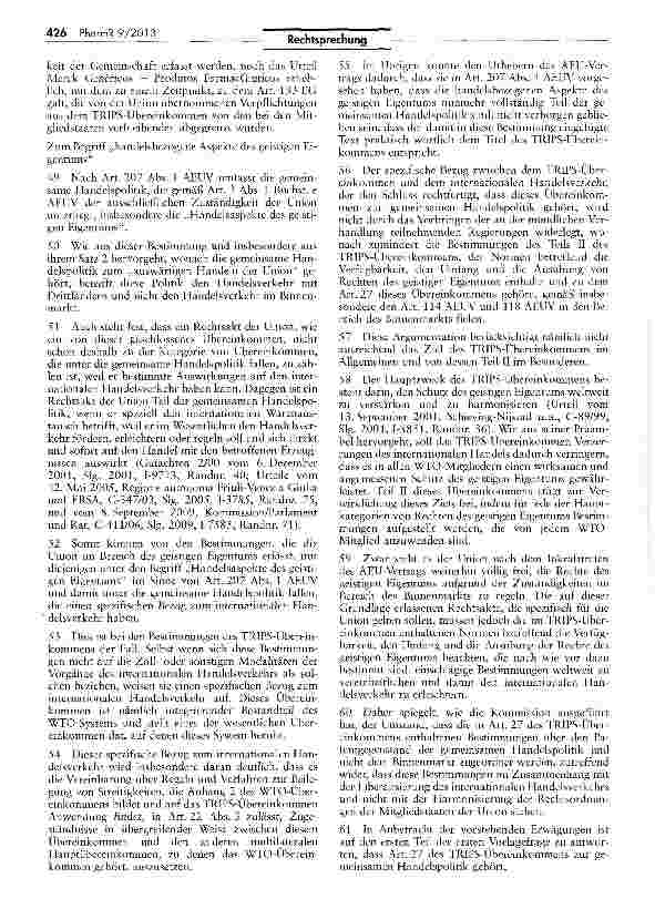 Vorschauseite 6: Zur Anwendbarkeit des Übereinkommens über die handelsbezogenen Aspekte der Rechte des geistigen Eigentums (TRIPS) — Patentschutz für Arzneimittel AEUV Art. 207; TRIPS Art. 27, 70