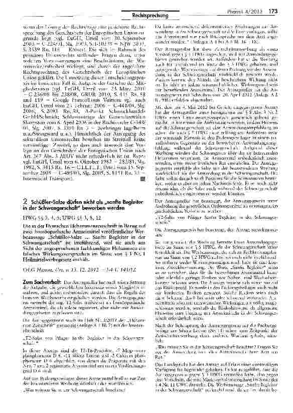 Vorschauseite 1: Schüßler-Salze dürfen nicht als „sanfte Begleiter in der Schwangerschaft beworben werden HWG H 3, 4, 5; UWG §§ 3, 8, 12