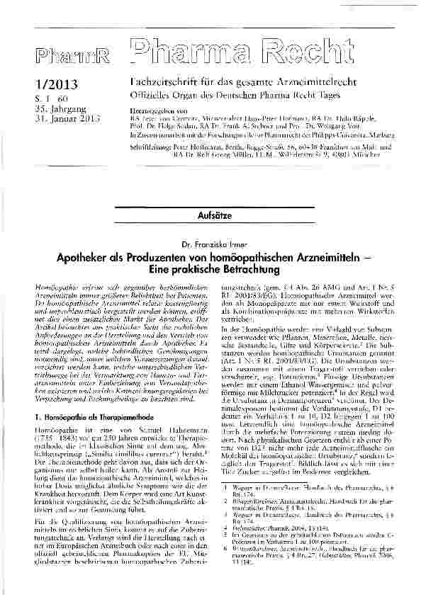 Vorschauseite 1: Apotheker als Produzenten von homöopathischen Arzneimitteln — Eine praktische Betrachtung