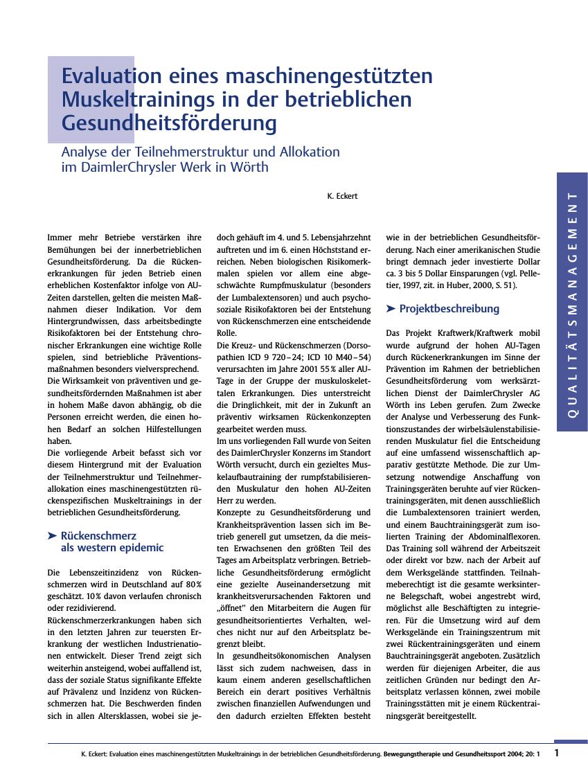 Vorschauseite 1: Evaluation eines gerätgestützten Muskeltrainings in der betrieblichen Gesundheitsförderung