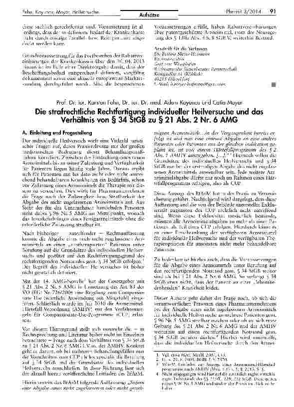 Vorschauseite 1: Die strafrechtliche Rechtfertigung individueller Heilversuche und das Verhältnis von § 34 StGB zu § 21 Abs. 2 Nr. 6 AMG