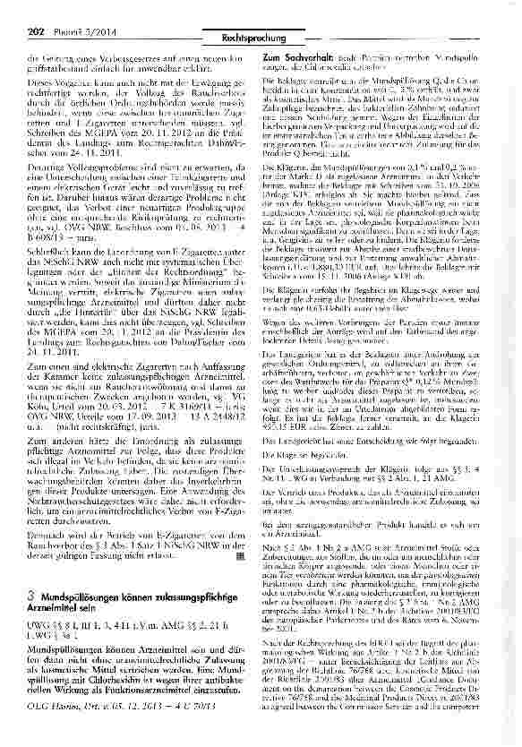 Vorschauseite 1: Mundspüllösungen können Zulassungspflichtige Arzneimittel sein UWG §§ 8 I, III 1,3,411 i.V.m. AMG SS 2, 21 I;HWG $ 3a 1