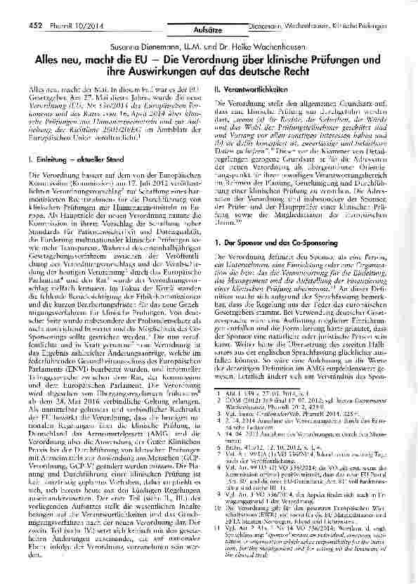 Vorschauseite 1: Alles neu, macht die EU - Die Verordnung über klinische Prüfungen und ihre Auswirkungen auf das deutsche Recht