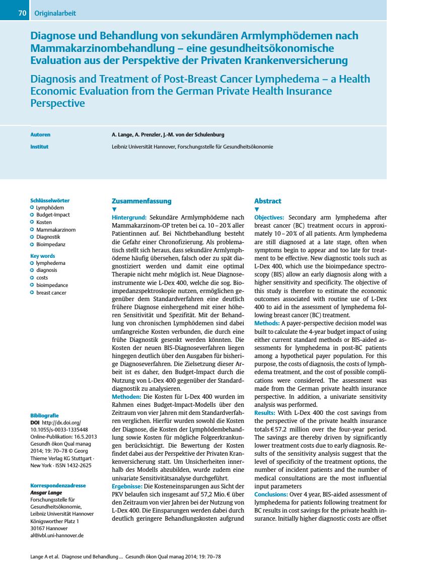 Vorschauseite 1: Diagnose und Behandlung von sekundären Armlymphödemen nach Mammakarzinombehandlung – eine gesundheitsökonomische Evaluation aus der Perspektive der Privaten Krankenversicherung