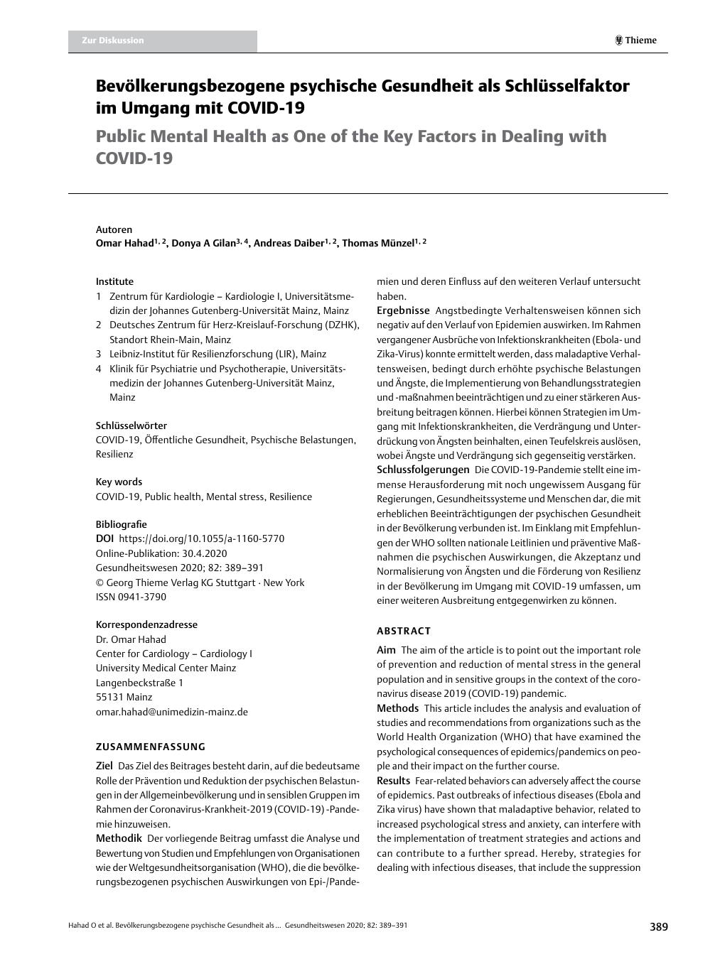 Vorschauseite 1: Bevölkerungsbezogene psychische Gesundheit als Schlüsselfaktor im Umgang mit COVID-19