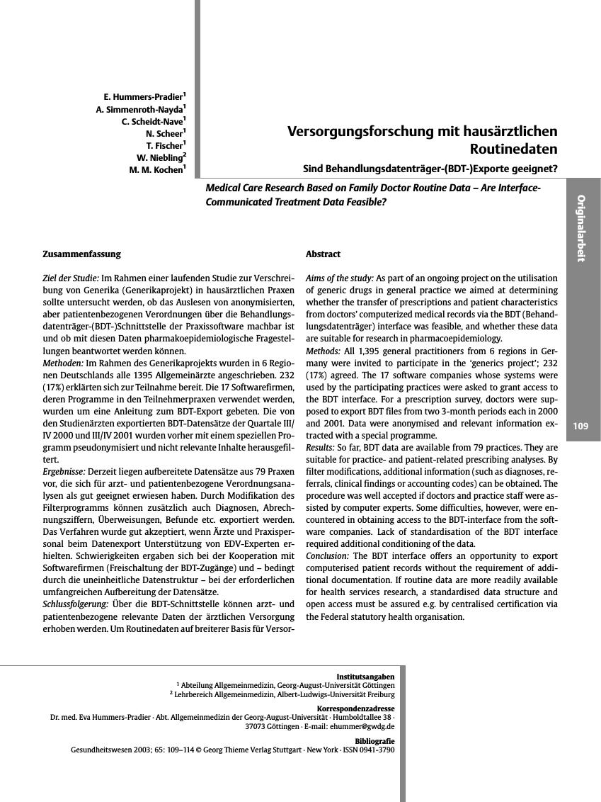 Vorschauseite 1: Versorgungsforschung mit hausärztlichen Routinedaten