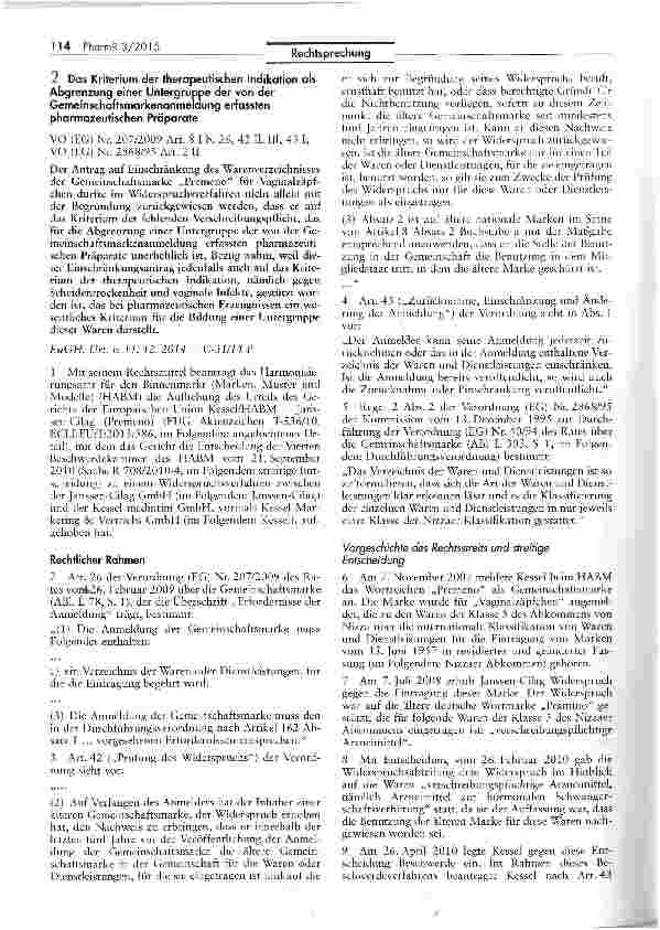 Vorschauseite 1: Das Kriterium der therapeutischen Indikation als Abgrenzung einer Untergruppe der von der Gemeinschaftsmarkenanmelaung erfassten pharmazeutischen Präparate