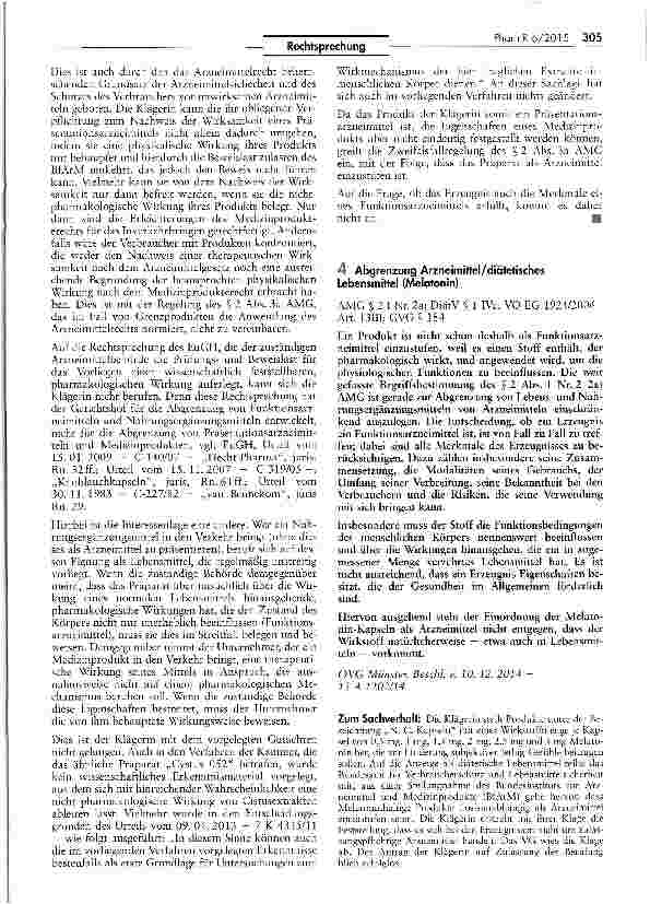 Vorschauseite 1: Abgrenzung Arzneimittel/diätetisches Lebensmittel (Melatonin) AMG § 2 I Nr. 2a; DiätV § 1 IVa; VO EG 1924/2006