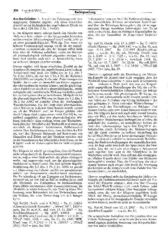 Vorschauseite 2: Abgrenzung Arzneimittel/diätetisches Lebensmittel (Melatonin) AMG § 2 I Nr. 2a; DiätV § 1 IVa; VO EG 1924/2006