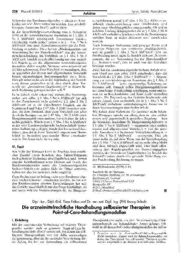 Vorschauseite 1: Die arzneimittelrechtliche Handhabung zeilbasierter Therapien in Point-of-Care-Behandlungsmodellen