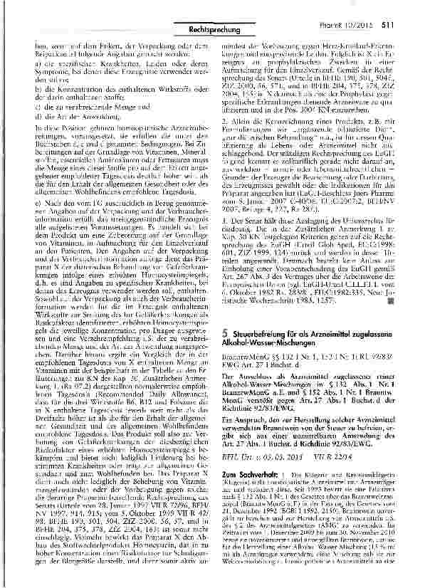 Vorschauseite 1: Steuerbefreiung für als Arzneimittel zugelassene Alkohol-Wasser-Mischungen