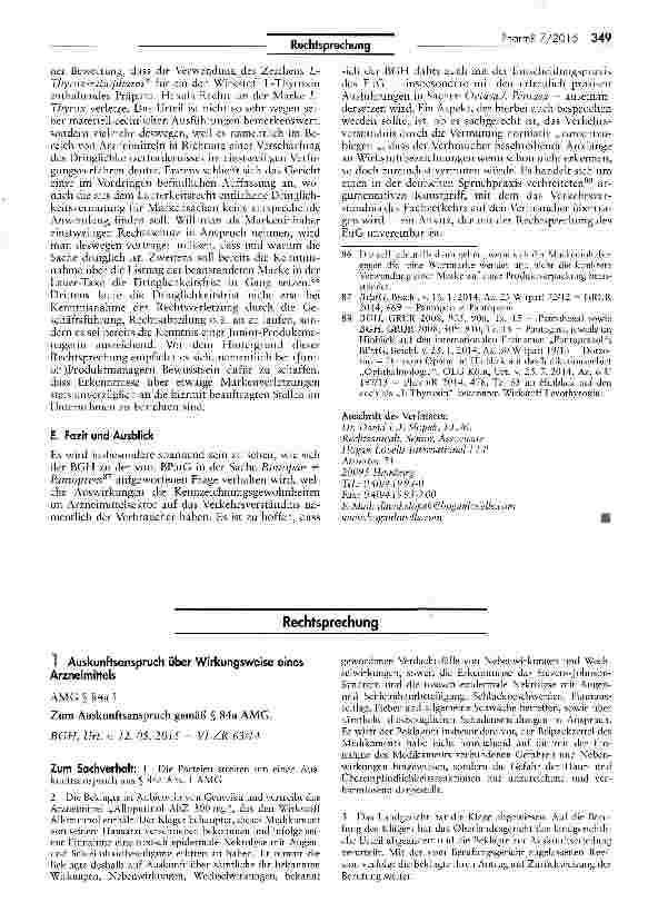 Vorschauseite 1: Auskunftsanspruch über Wirkungsweise eines Arzneimittels AMG § 84a I Zum Auskunftsanspruch gemäß § 84a AMG. BGH, Urt v. 12. 05. 2015 - VI ZK 63/14