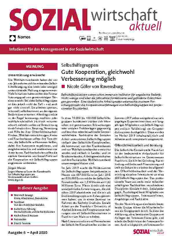 Vorschauseite 1: Selbsthilfegruppen. Gute Kooperation, gleichwohl Verbesserung möglich.