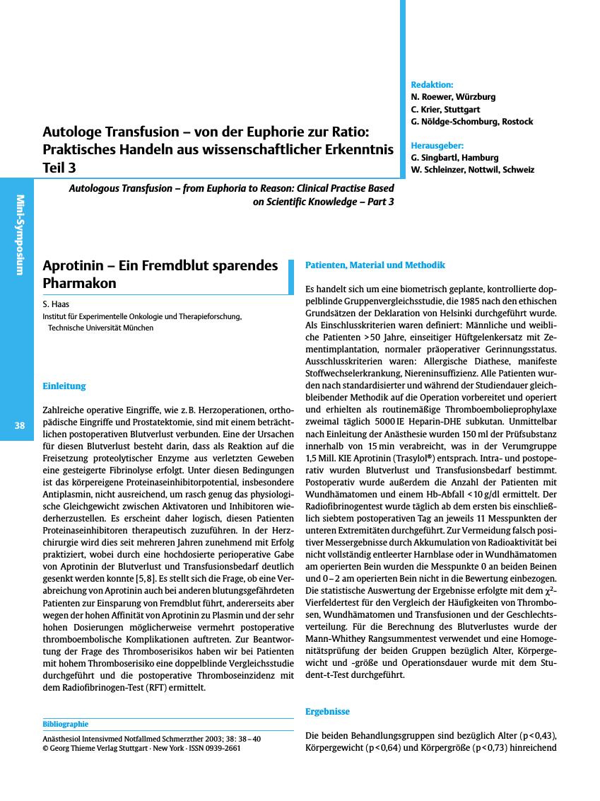Vorschauseite 1: Aprotinin - Ein Fremdblut sparendes Pharmakon