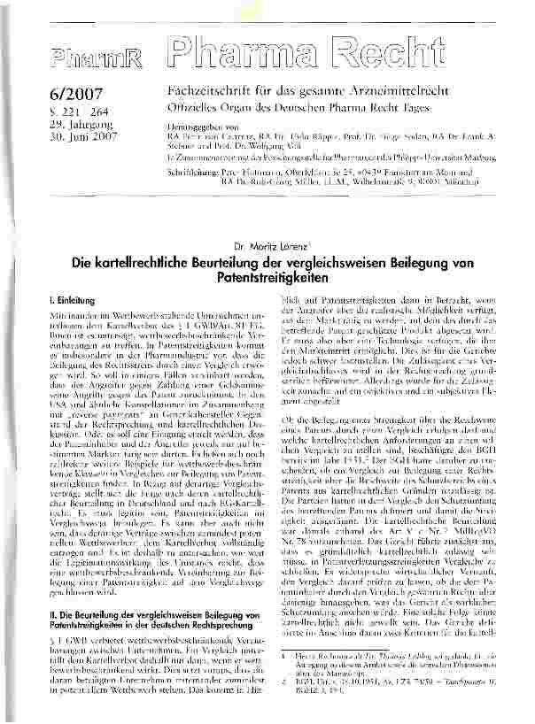 Vorschauseite 1: Die kartellrechtliche Beurteilung der vergleichsweisen Beilegung von Patentstreitigkeiten
