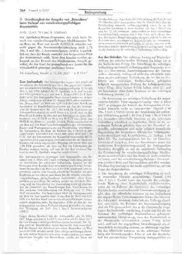 Vorschauseite 1: Unzulässigkeit der Ausgabe von „BonusBons beim Verkauf von verschreibungspflichtigenArzneimitteln